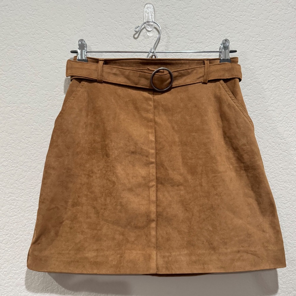 Hollister Ultra‎ High Rise Mini Skirt Faux Suede Small Brown Belt Pockets Zipper